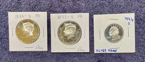 3 Silver Proof Coins-2005 & 2006 S Silver Kennedy Halves & 1996 S Silver Quarter