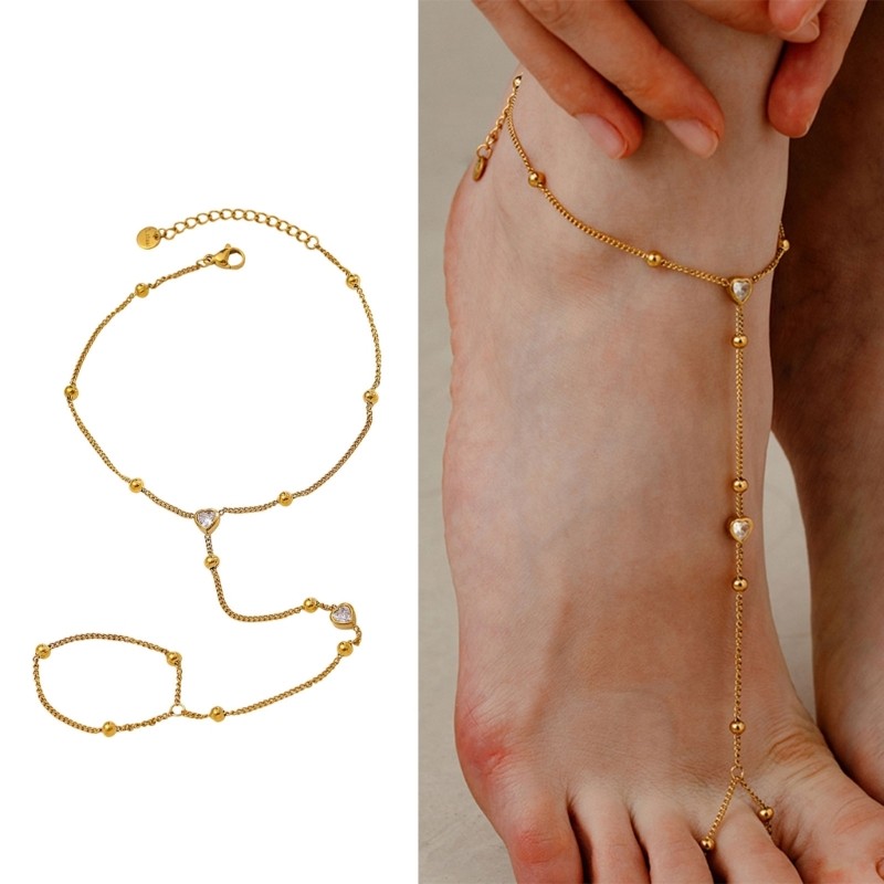 Heart Accent Barefoot Sandal Anklet with Connected Toe Ring Chain ...