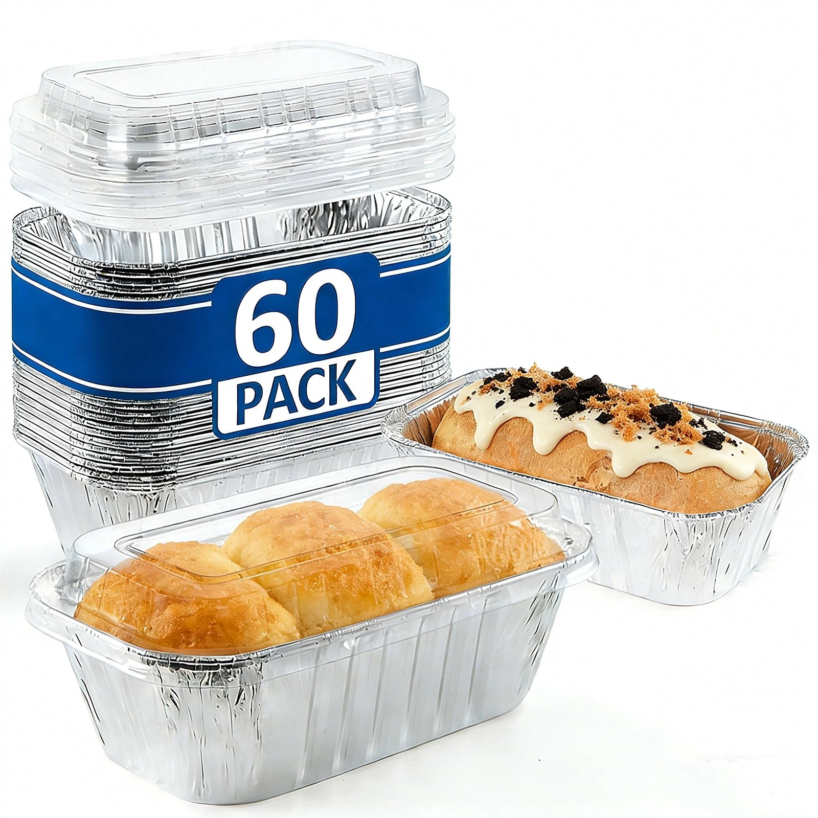 60 Pack 6"x3.5"x2" Disposable Aluminum Loaf Pans with Chear Lids, 1 lb Mini F...