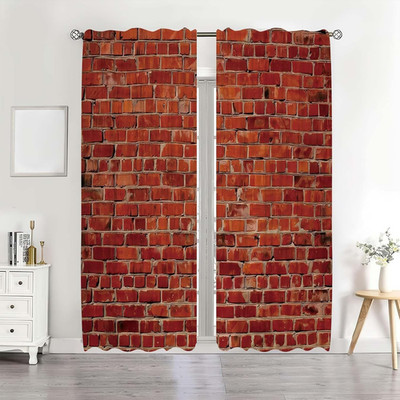 41X84Inch Red Brick Wall Curtains Vintage Pattern Printed Semi Sheer Window Trea