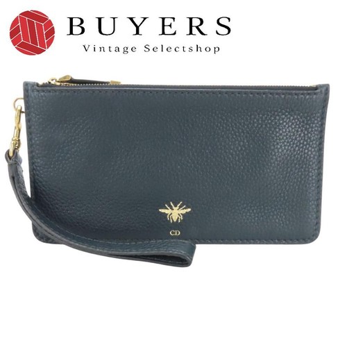 Christian Dior Pouch Bee Leather Navy Gold Hardware Clutch Women's From Japan