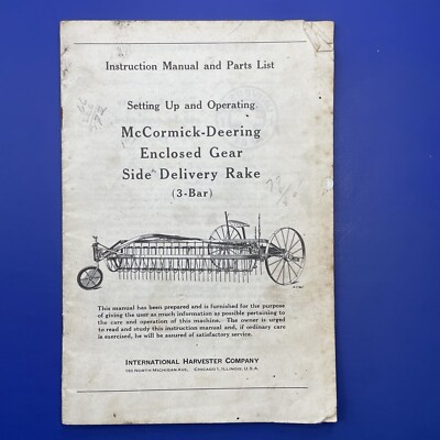IH McCormick Deering Enclosed Gear Side Delivery Rake 3 Bar Manual & Parts List