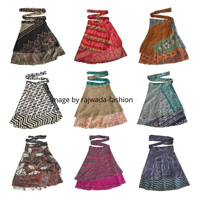 5 PC Vintage Silk Sari Magic Wrap Around Skirts Beach Wear Reversible Wholesale
