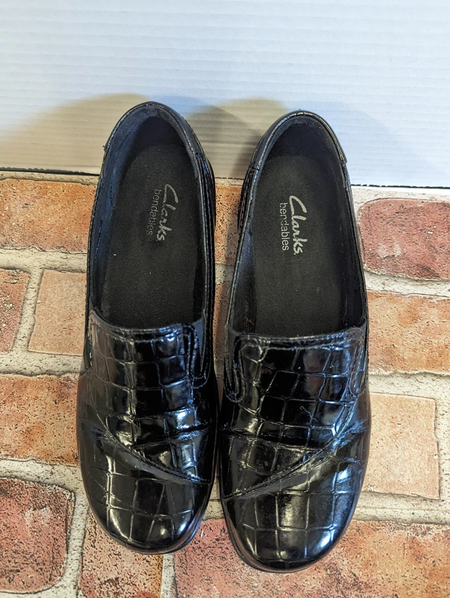 Clarks Bendables Size 6.5 Croc Print Slip on Loafers Shoes Black 38633