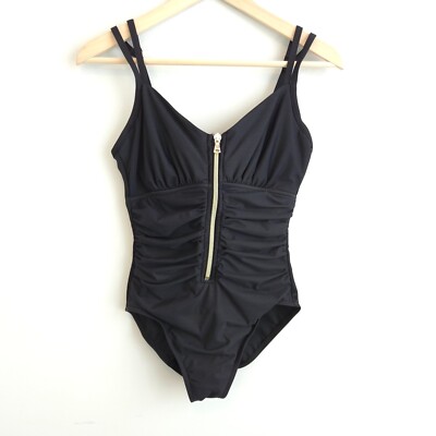 Miraclesuit Women's Black Front Zip One-Piece Swimsuit V-Neck Size 10