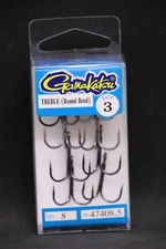 Gamakatsu 47408.5 Round Bend NS Black Treble Hooks - Size 3 - Pack of 8