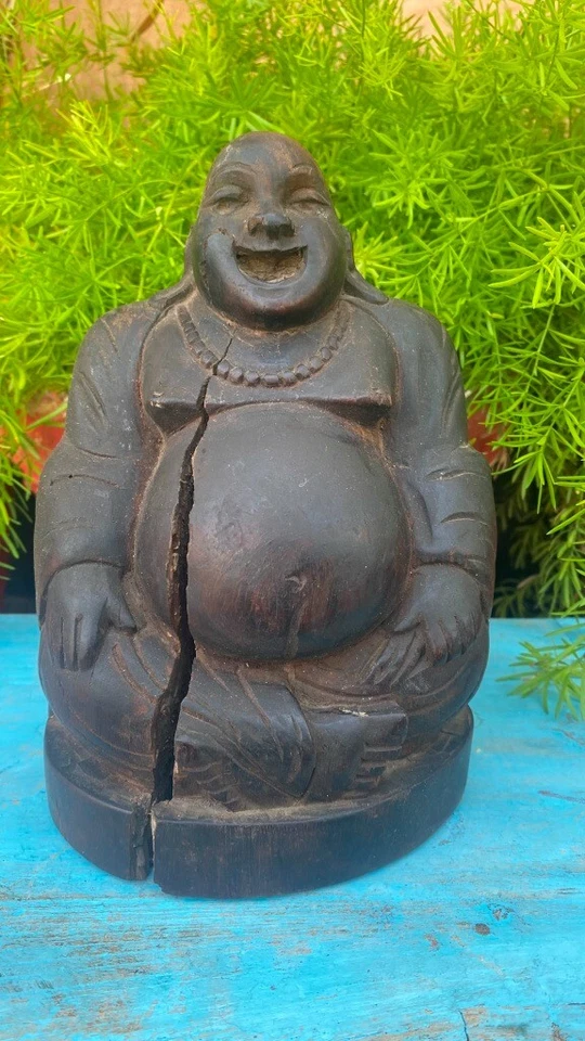 Antigua figura de Buda Riendo tallada a mano de madera antigua Foto 3 de 4