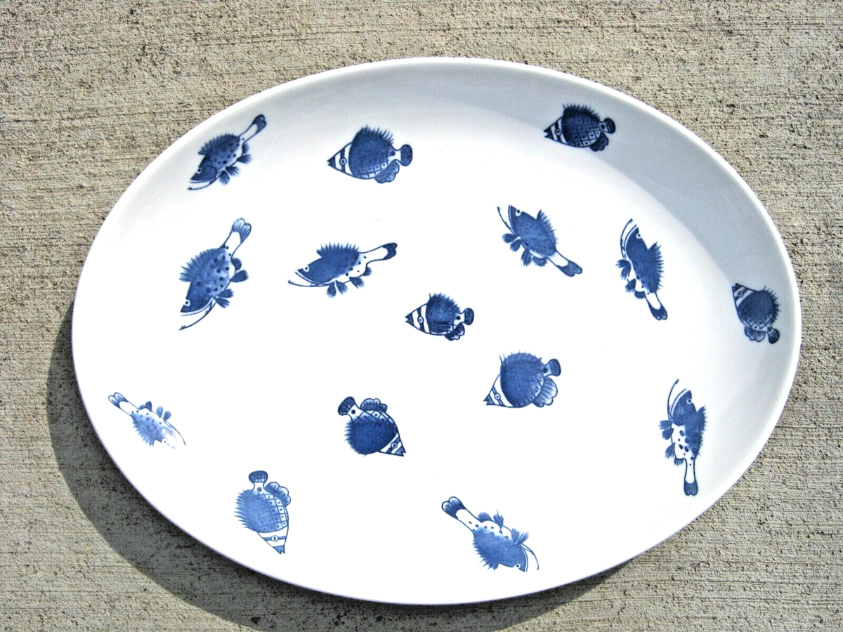 Crate Barrel, Oval Porcelain Serving Plate, Blue Fish Pattern 15