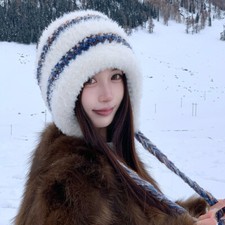 Women Cute Furry Knit Hat with Ear Flaps Warm Winter Kit hat Lady Ski Cap Casual