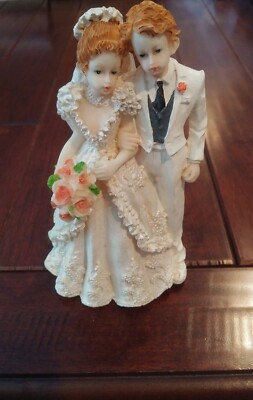 Vintage Wedding Cake Topper, Handpainted Resin Young Bride & Groom Figurine 