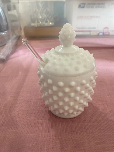 Vintage White Milk Glass 6" Hobnail 2-Pc W/ Glass Spoon Condiment Serving Dish