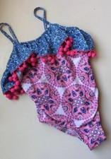 girls 1 pc Lined SWIM SWIMMING SUIT NICOLE MILLER pompoms blue pink SO CUTE