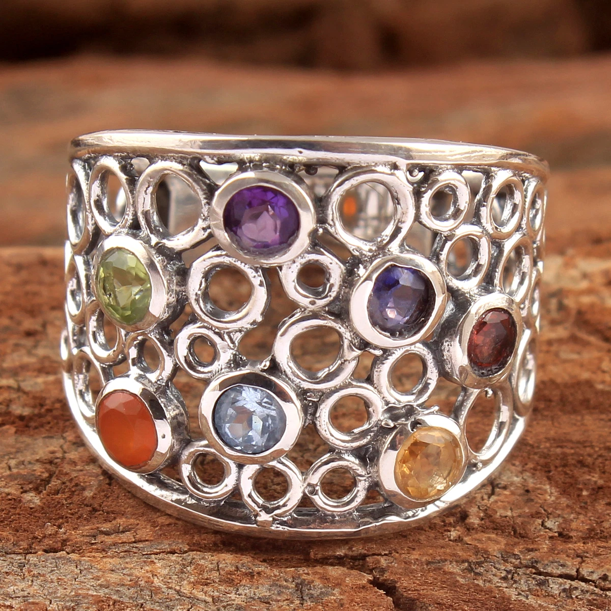 Faceted Multi Gemstone 925 sterling Silver Jewelry Handmade Ring Size US 8