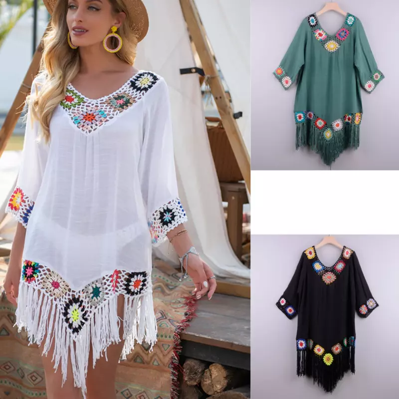 Vestidos De Verano Para Mujer Playa Ropa De Moda Tunica Con Flecos Tejidos  NEW