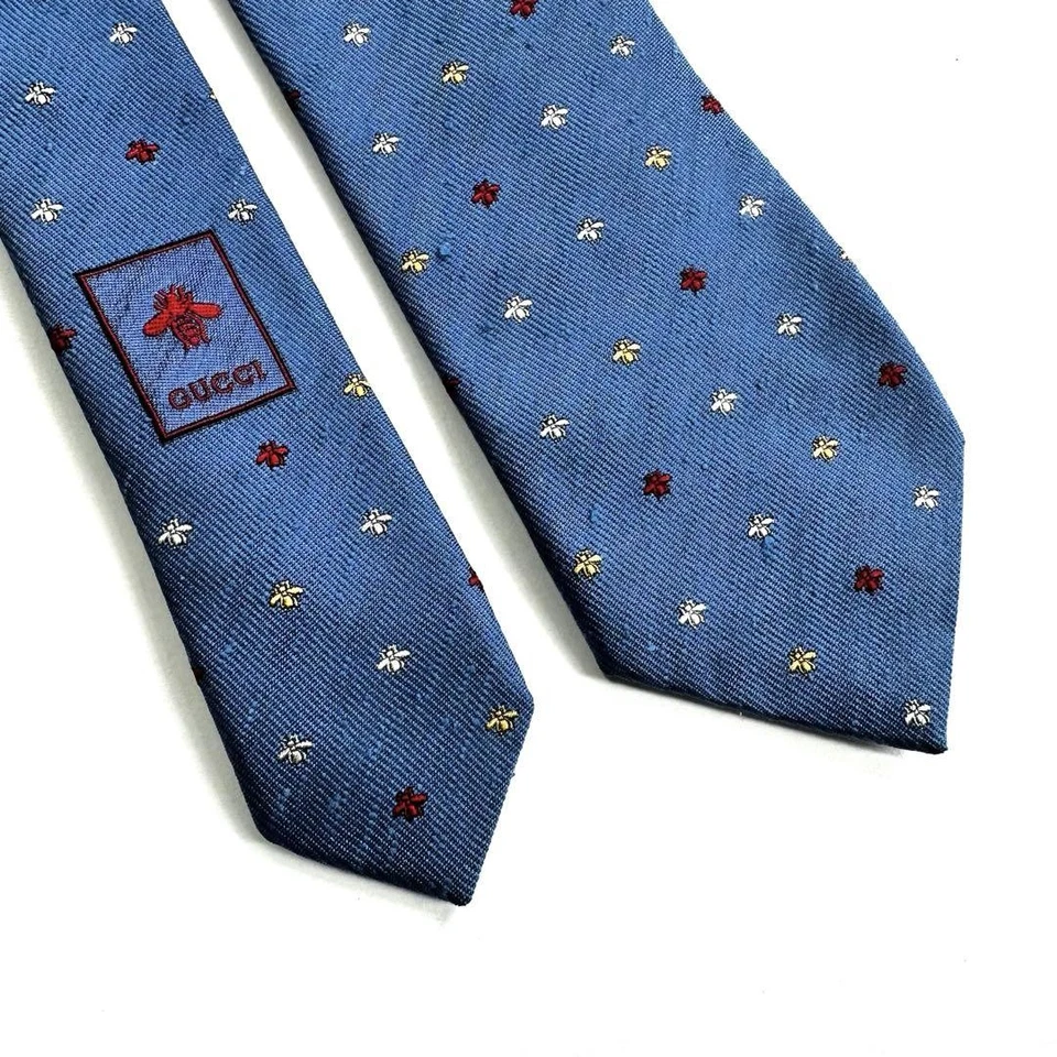 Corbata de seda Gucci para hombre azul claro patrón abeja miel rara alta calidad Foto 3 de 4
