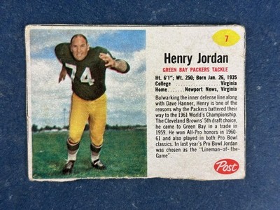 1962 Post Cereal #7 Henry Jordan Green Bay Packers POOR