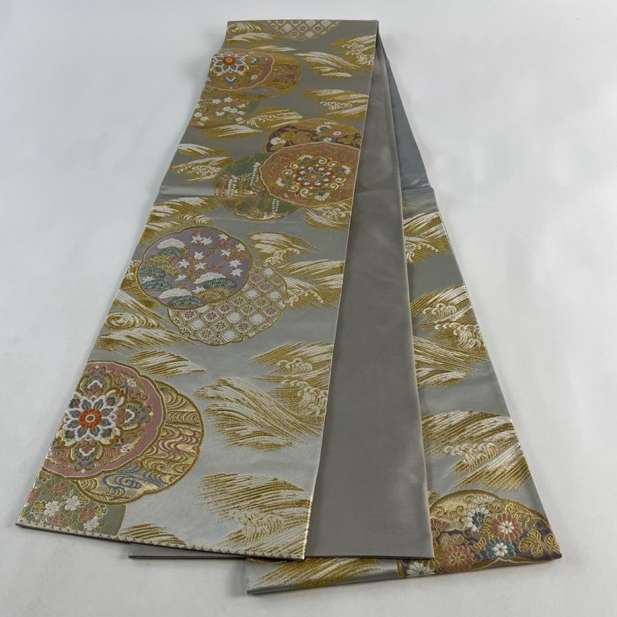 JAPANESE KIMONO BELT FUKURO OBI GRAY ROKUTSU-GARA PURE SILK