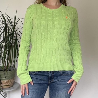 Polo Ralph Lauren Pullover Lindgrün Rundhals Zopfmuster Orange Pferd L #22