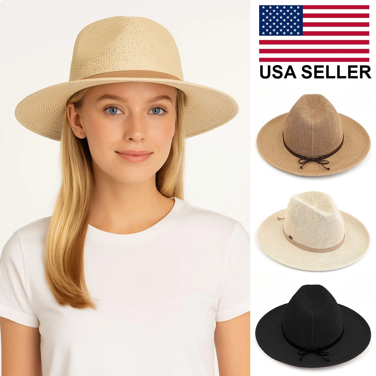 C.C Exclusive Women's Straw Wide Brim Panama Sun Hat with Suede Lace Trim Band