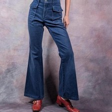 Vintage 70s Boho Hippie Blue Cotton Bell Bottom Jeans, 30" waist