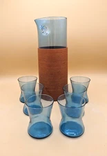 Blue Pukeberg Swedish Glass Pitcher and 6 Glasses Teak Veneer 
