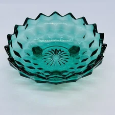 Vtg Indiana Glass American Whitehall By Colony Teal Blue Cubist Footed Dish 6"