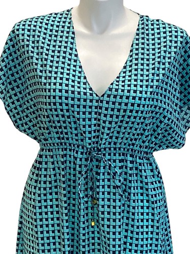 Michael Kors Navy & Aqua Geometric Print Dress, Size Large Elastic Tie Waist EUC - Picture 2 of 9