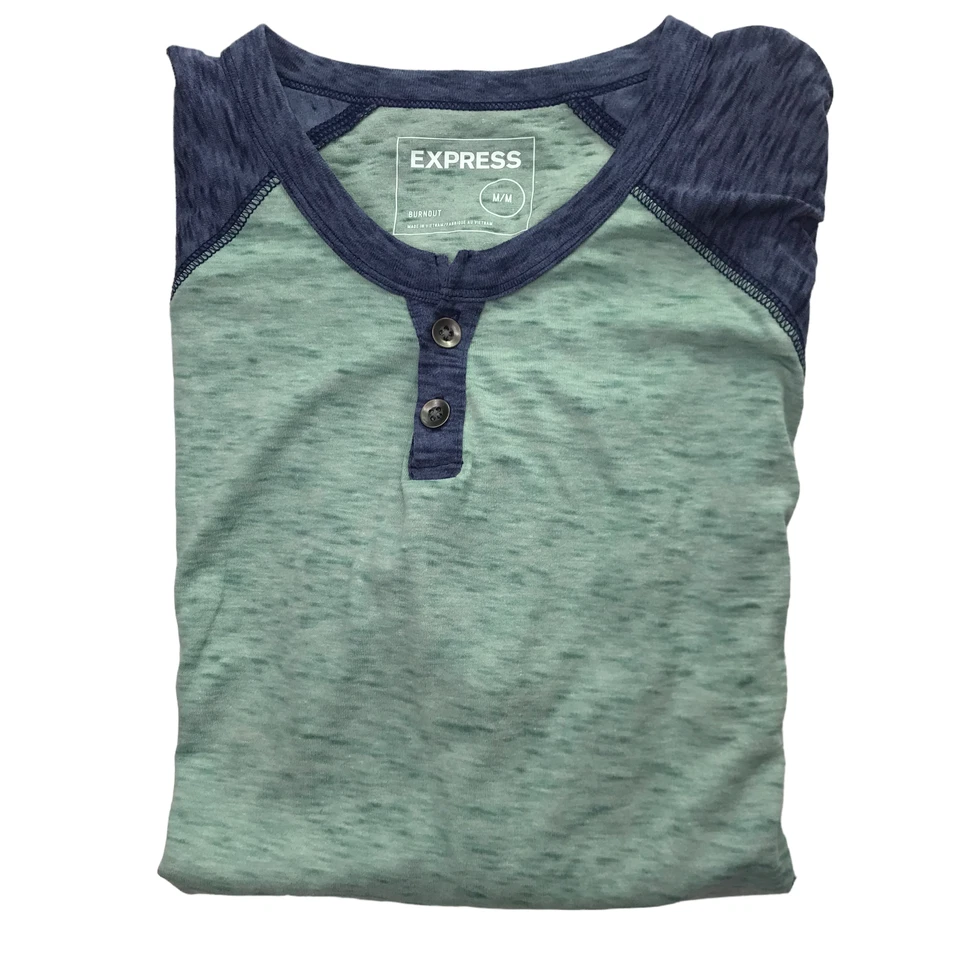 EXPRESS Shirt Burnout Size Women's M Blue Seafoam Green Henley 2 Button Foto 2 de 4