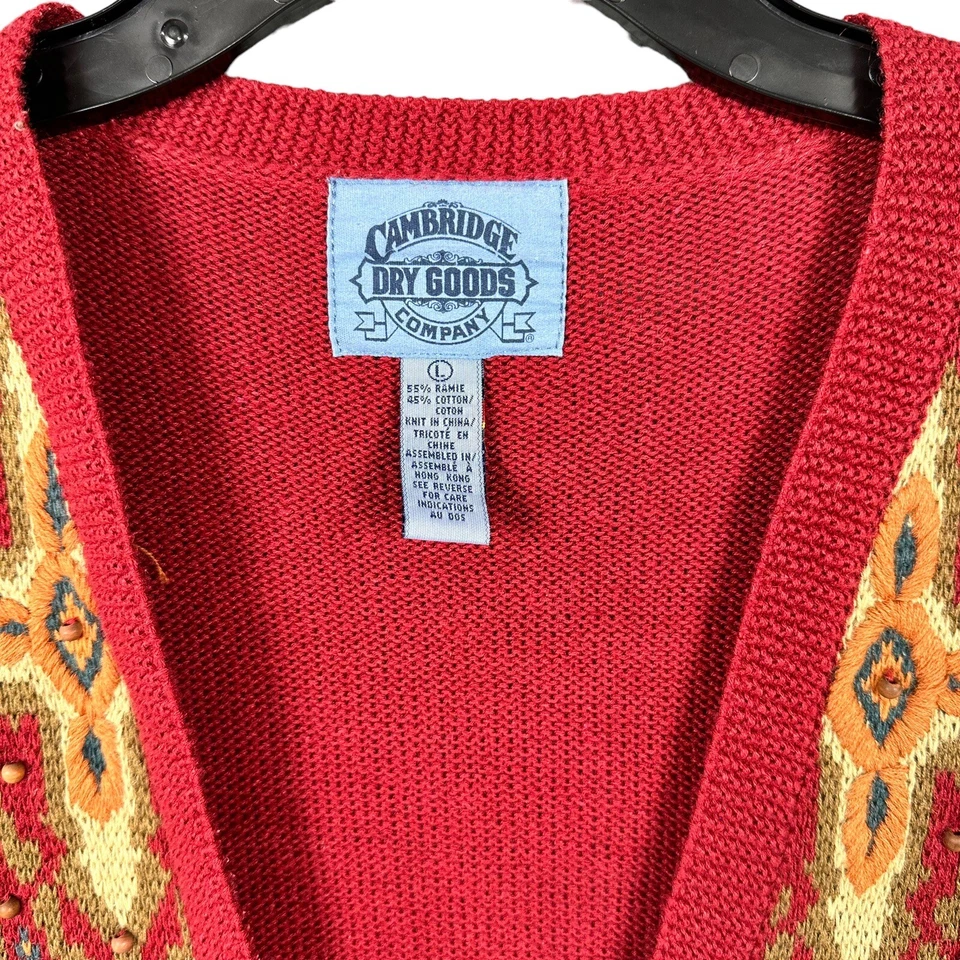 Cambridge Dry Goods Womens L Wood Beads Button Knit Vest Aztec Southwestern Boho - Image 2 of 4