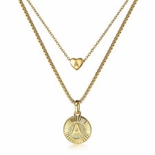 Womens Gold Plated Round+Heart letters Initial Charm Necklaces Chain Set