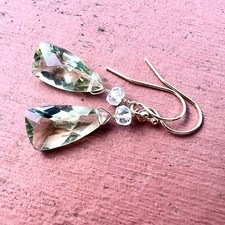 Natural Green Amethyst Earrings Solid 14k Gold , February Birthstone