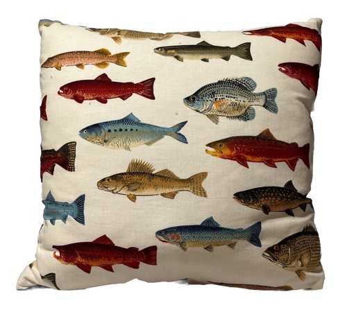 Throw Pillow Fish Cabin Lake House Fishing Lodge Camping Outdoors 15”x15” Marina - Picture 2 of 4