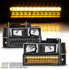 Black 1994-1999 Chevy Silverado C10 Tahoe Suburban Headlights+LED Bumper+Corner