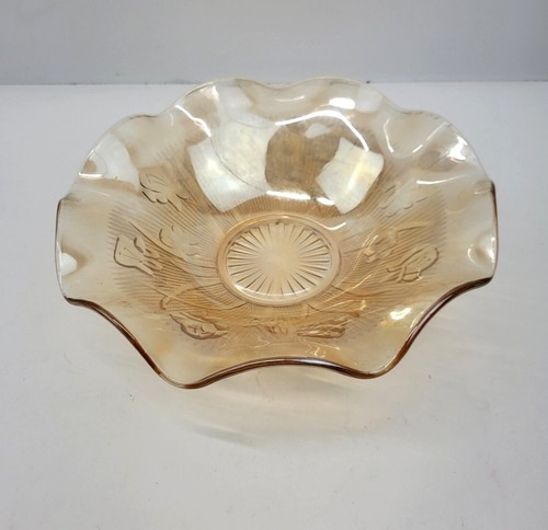 Jeanette Carnival Glass Fruit Bowl Marigold Iris Herringbone 11.5" Ruffled Edge 