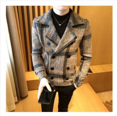 Short Men's Wool Blend Slim Fit Jacket Double Breasted Lapel Collar Peacoat  Coat