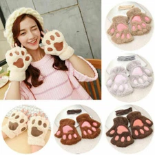 Women Cosplay Cat Claw Paw Plush Mittens Short Half Fingerless Gloves Halloween