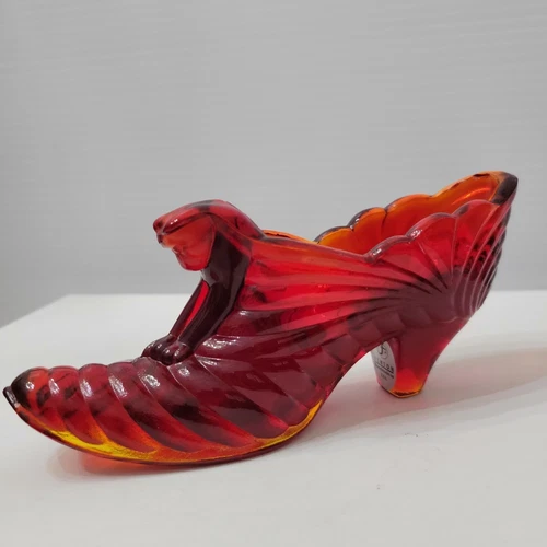 Fenton vintage shoe slipper, cat head, draped, ruby red