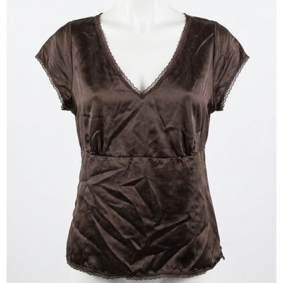 Sigrid Olsen Babydoll Top L Brown Silk V Neck Cap Sleeve Lace Trim Top Fairy Y2K