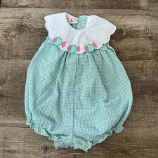 Vintage Girls Bubble Romper Embroidered Collar Plaid Cotton 3-6 Months