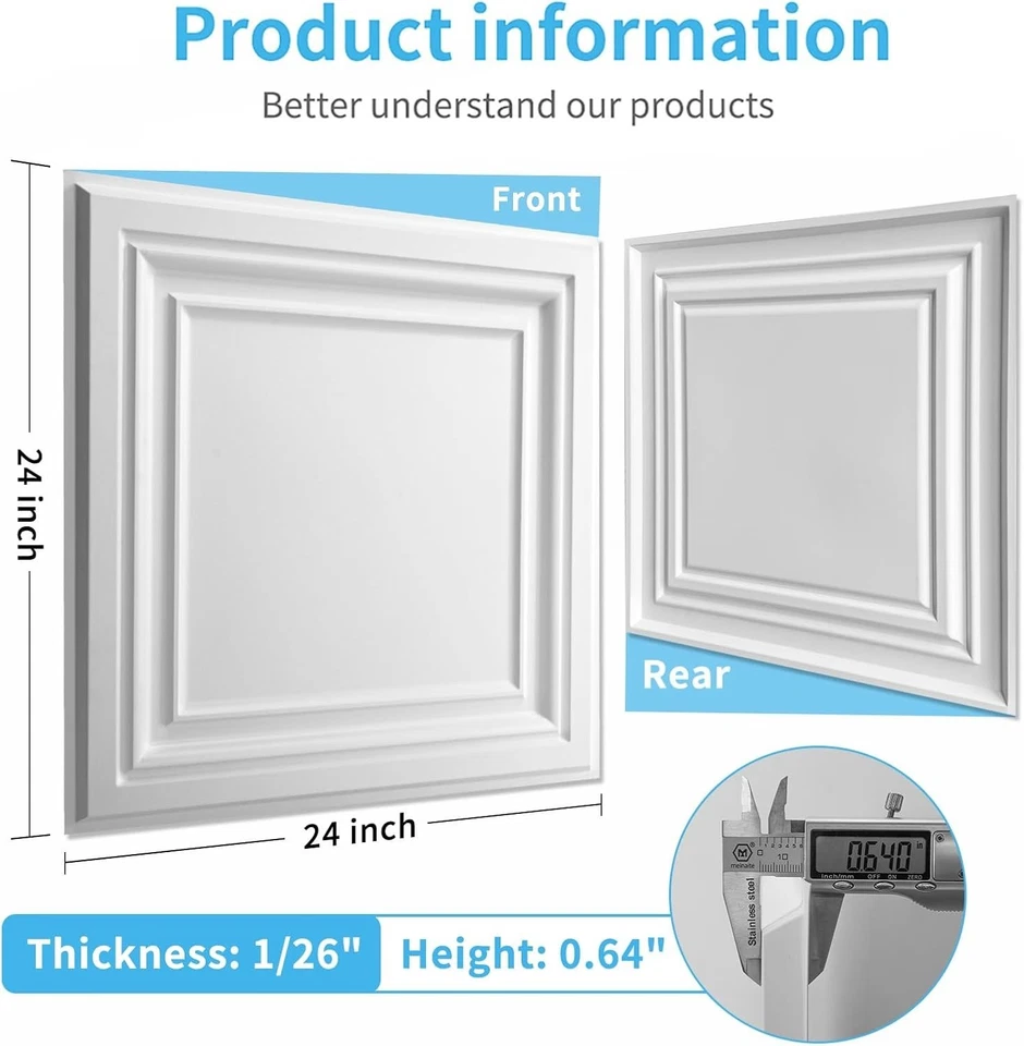 Paquete de 12 azulejos de techo blancos modernos ligeros - 24" x 24" fácil instalación Foto 4 de 4