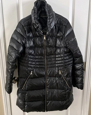 Karl Lagerfeld Black Down Puffer Mid Length Coat Parka Size XL High Collar