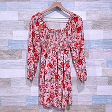 OLD NAVY Fit & Flare Long Sleeve Mini Dress Pink Floral Smocked Casual Womens XS