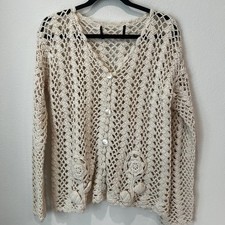 Granny Knit Crochet Floral Open Cardigan Sweater Womens Size Med/ Large
