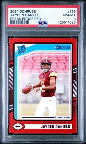 JAYDEN DANIELS  2024 PANINI DONRUSS #389 PRESS PROOF RED RATED ROOKIE  PSA 8  RC