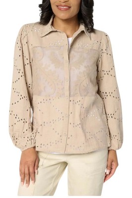 LOGO Lavish by Lori Goldstein Women's Cotton Eyelet Shirt Oxford Tan