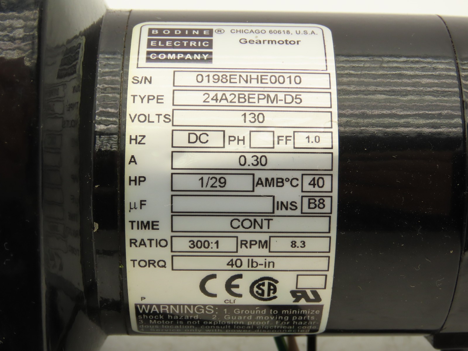 Bodine Electric 24A2BEPM-D5 Inline DC Gearmotor 300:1 Ratio 1/29Hp 8.3rpm 130VDC