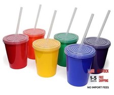 16 Oz. Reusable Plastic Stadium Cups with Lids, 6 Pack, USA Made Rainbow