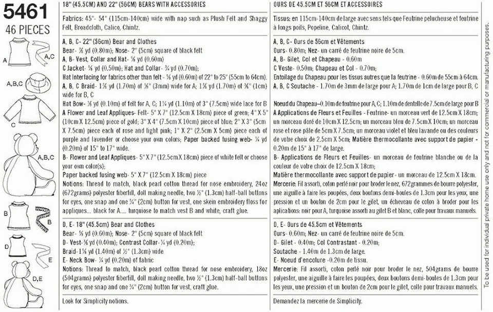 Simplicity 5461 RARE Science 18”-22" Bear and Hat Coat Vest Bow Craft Pattern - Image 3 of 3
