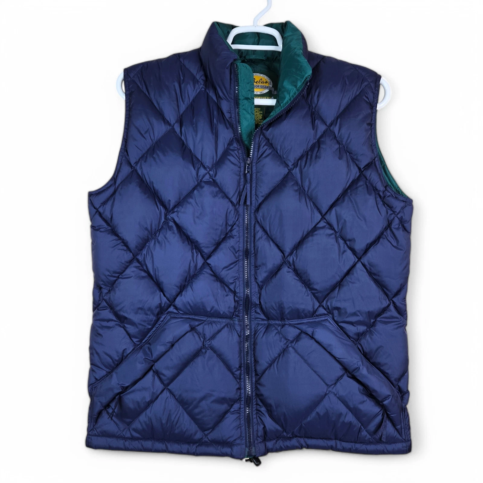 Cabelas Vest Mens Medium Blue Premier Goose Down Puffer Quilted Zip Packable