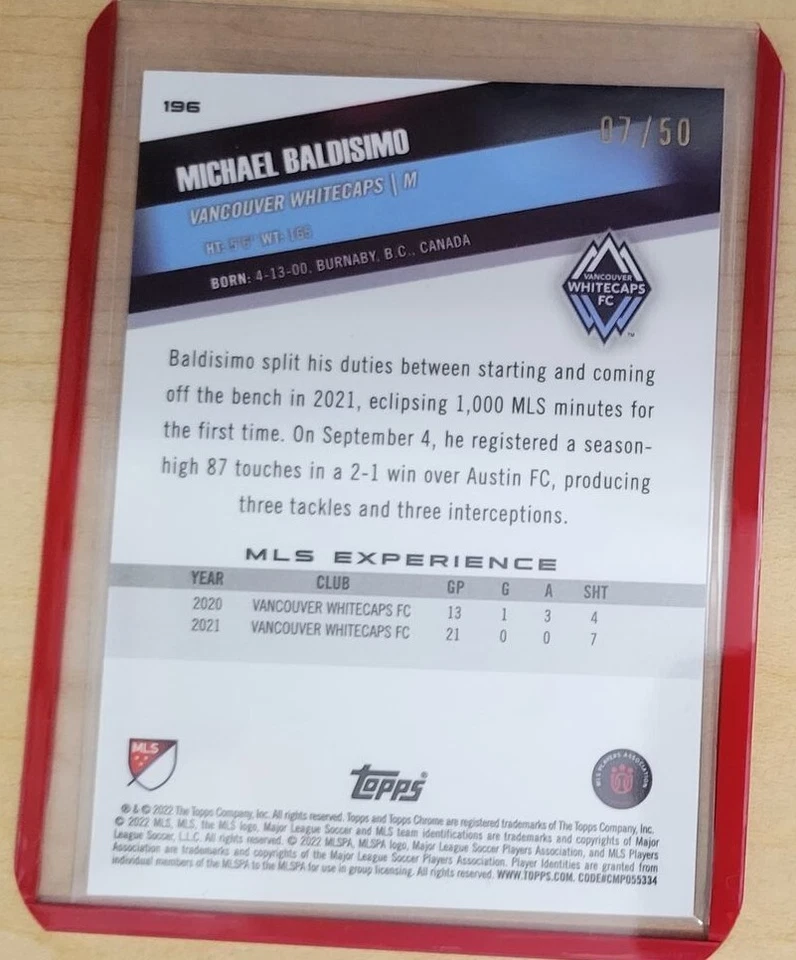2022 Topps Chrome MLS Gold Refractor #196 Michael Baldisimo Whitecaps /50 - Image 2 of 2